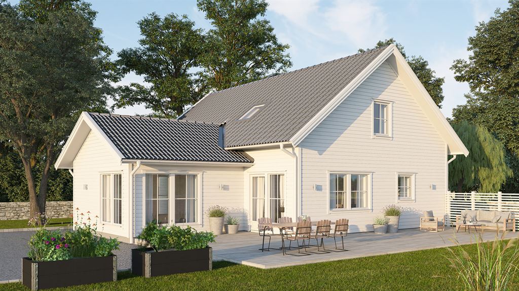 Visualisering av vitt 1 1/2 plans hus i lösvirke med ljusgrå takpannor 